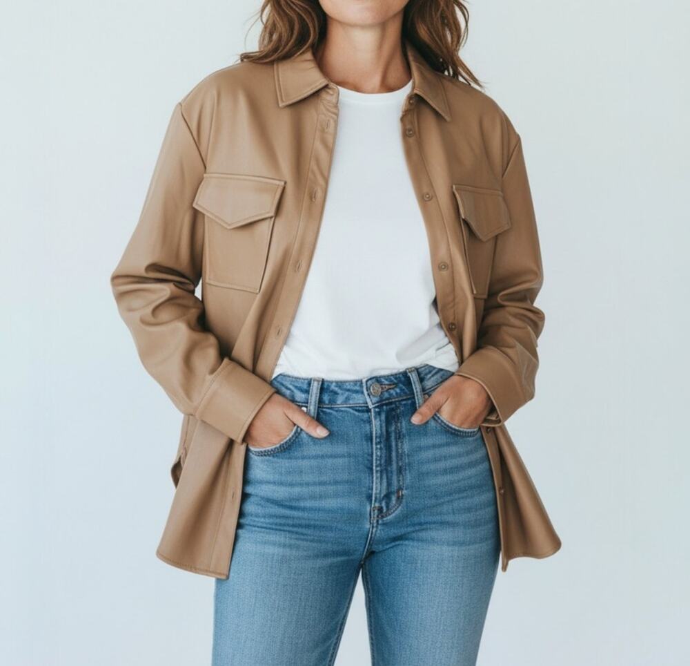 The Drop Lisadnyc Shacket Tan Vegan Leather Flap Pocket Women's Size M NWT